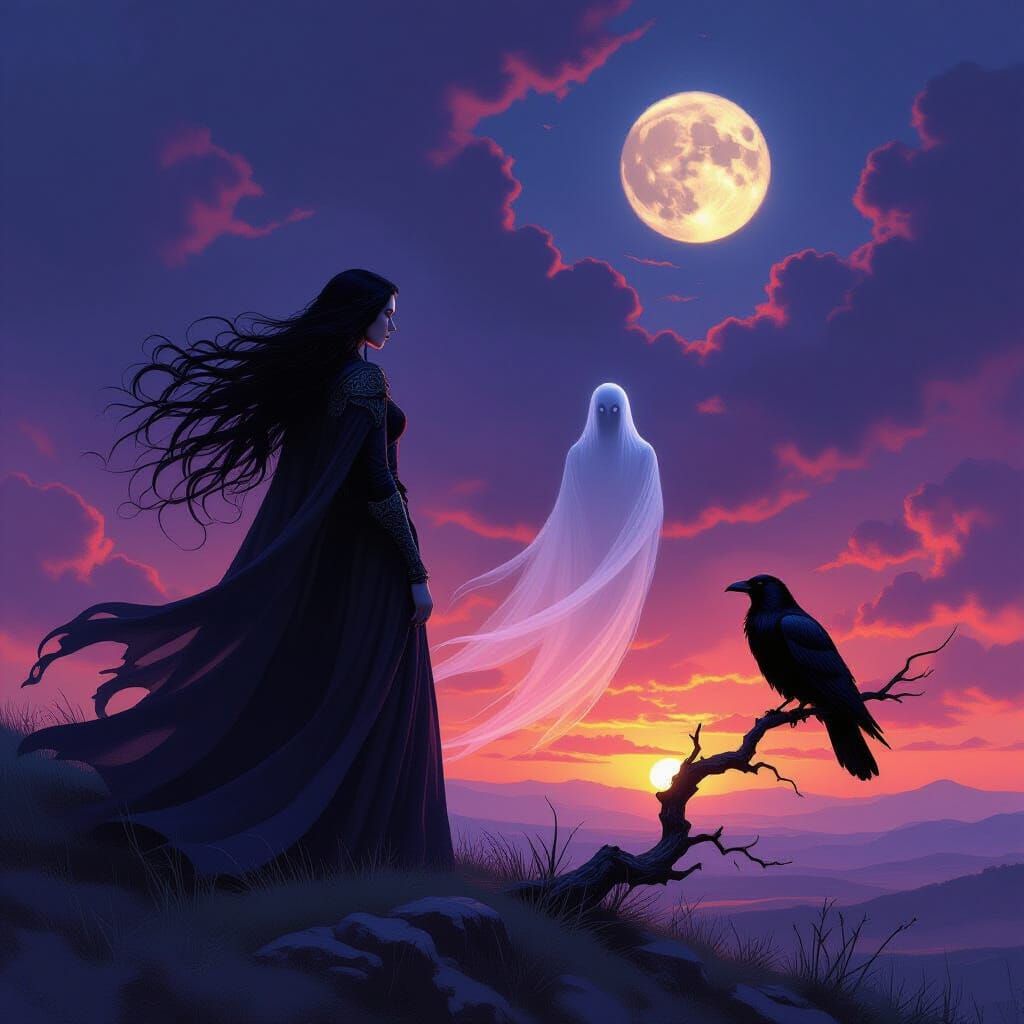 The Morrigan on Windswept Hill at Twilight