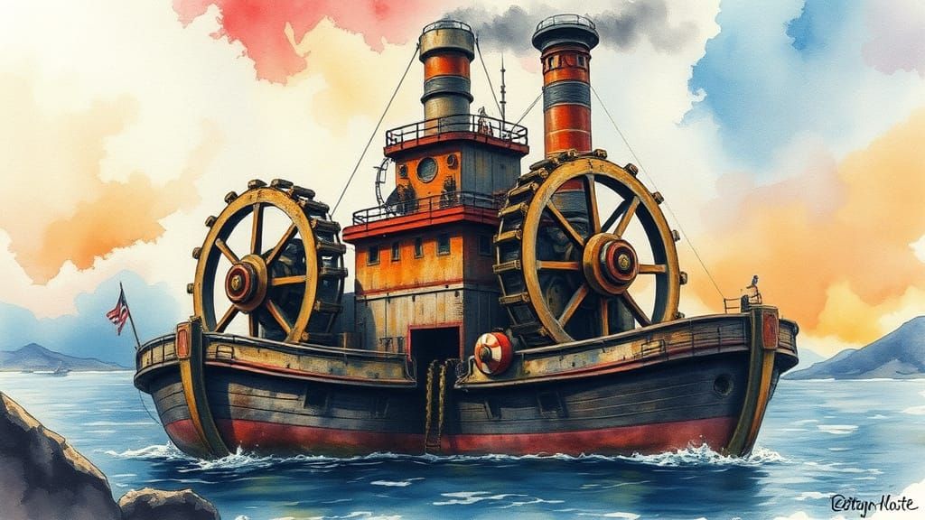 Industrial Steamship with Fantastical Water Wheels