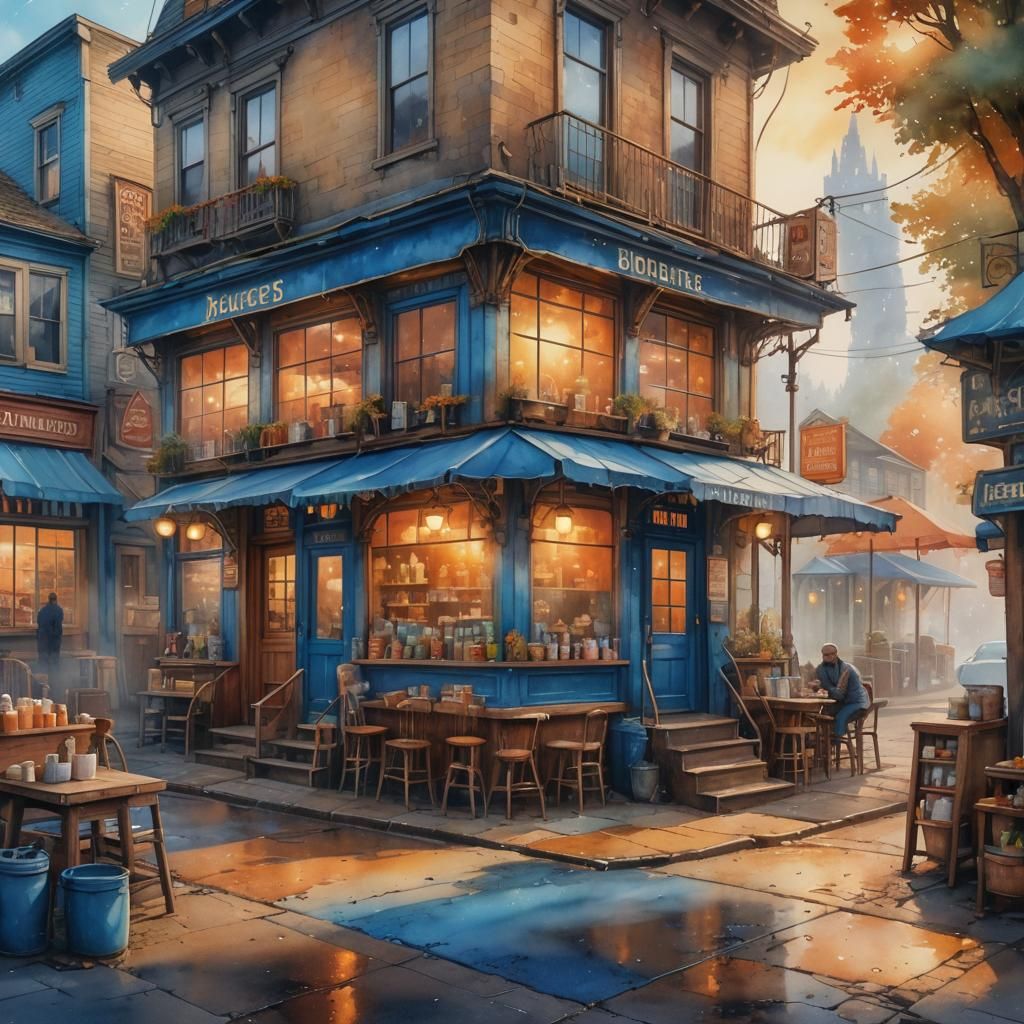 Misty Street Corner Cafe: Watercolor and Ink Art