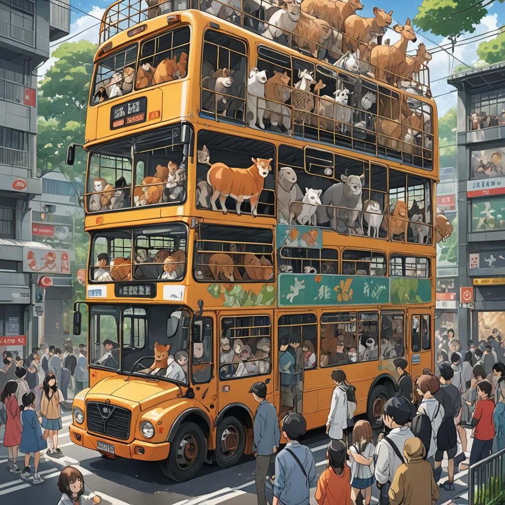 Anime-Style Double-Decker Bus with Caged Zoo Animals