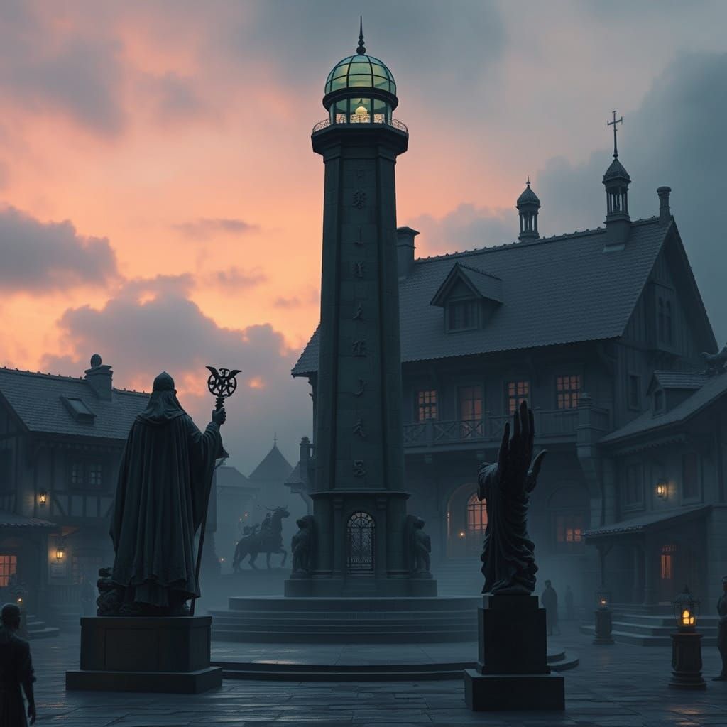 Mystical Northern Cityscape at Dusk with Wizard Tower and Vi...