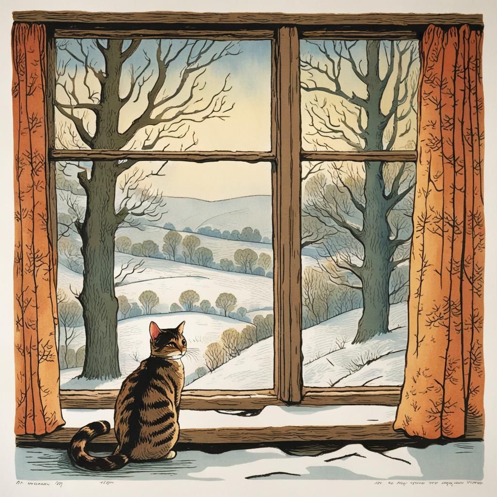 Cat Gazing at Winter Trees, Woodblock Print