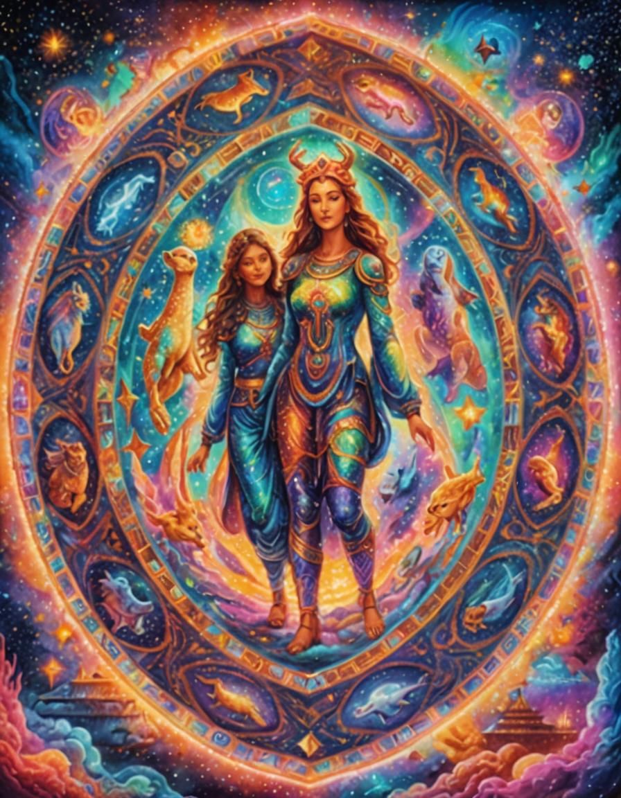 Holographic Astral Women with Zodiac Animals