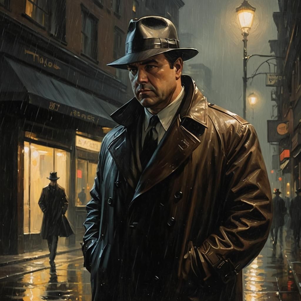 Noir Detective in Rainy Night Acrylic Painting