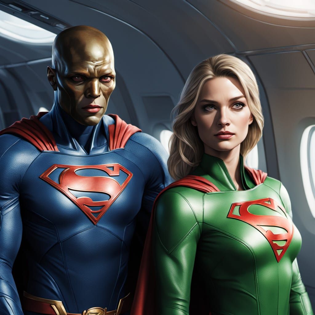 Supergirl and Martian Manhunter on a Sci-Fi Airplane