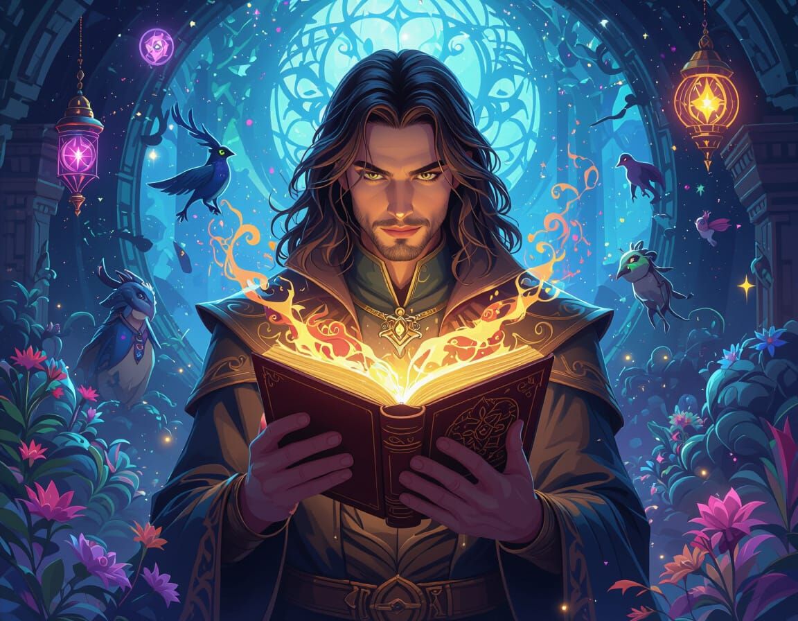 Majestic Character with Magical Book in Fantasy Scene