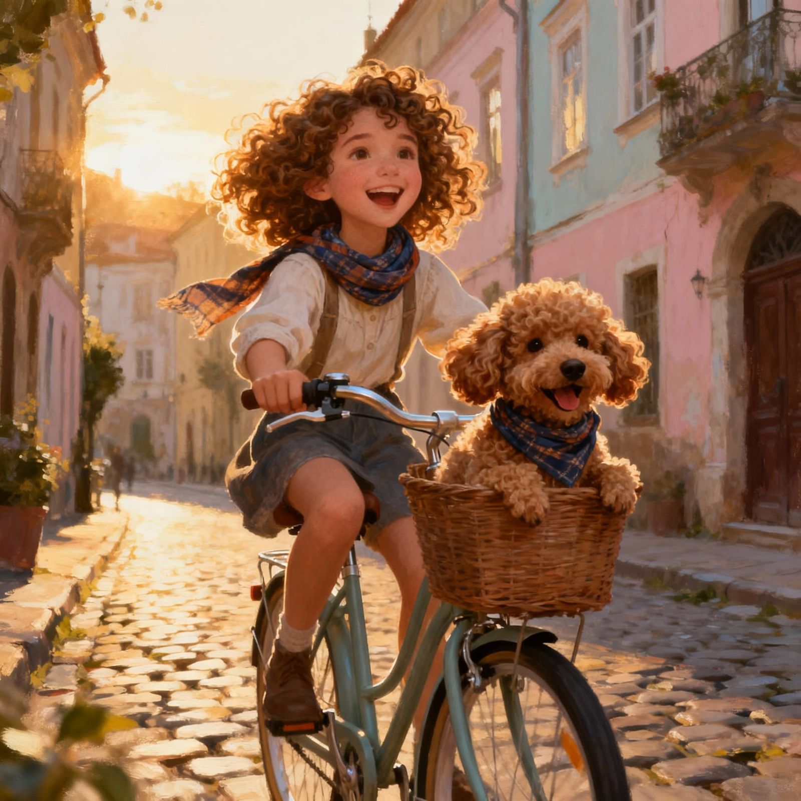 Girl riding a bicycle through a city street