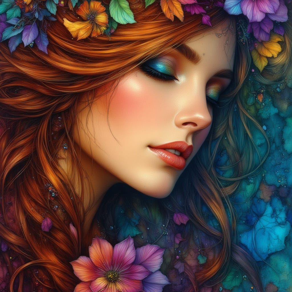 Meditating Woman with Cascading Hair and Heart Glow