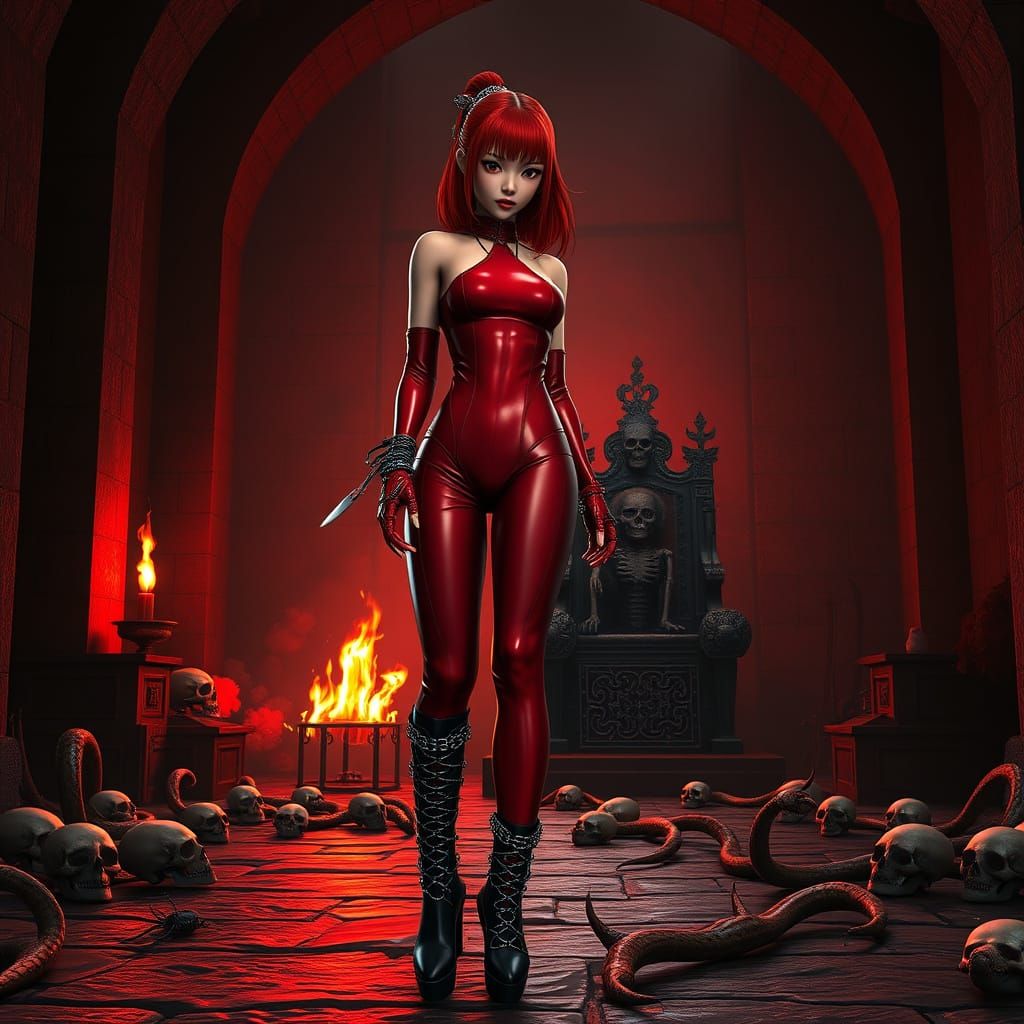 Dark Samurai Warrior Goddess in Red Latex Armor, Chains, and...