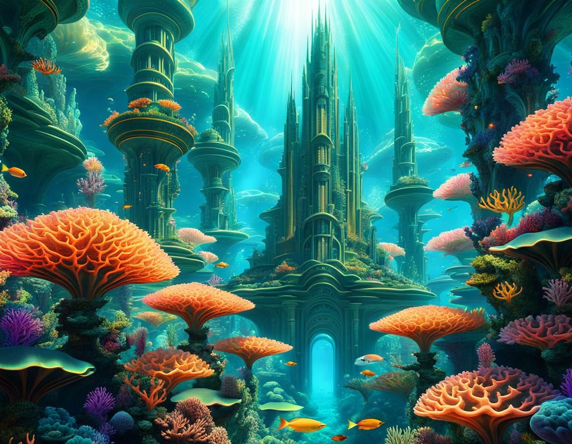 Underwater Atlantis Arcology with Mermaids in Retrofuturist ...