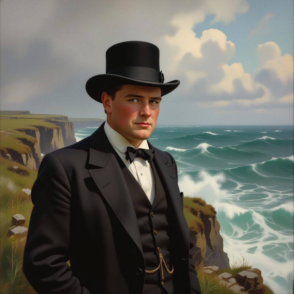 Young Winston Churchill on Windswept Cliff Oil Painting