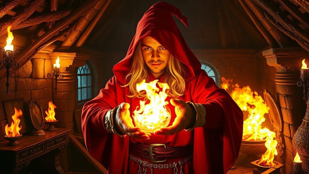 Wizard Casts Fireball Spell: Action Painting in Comix Style