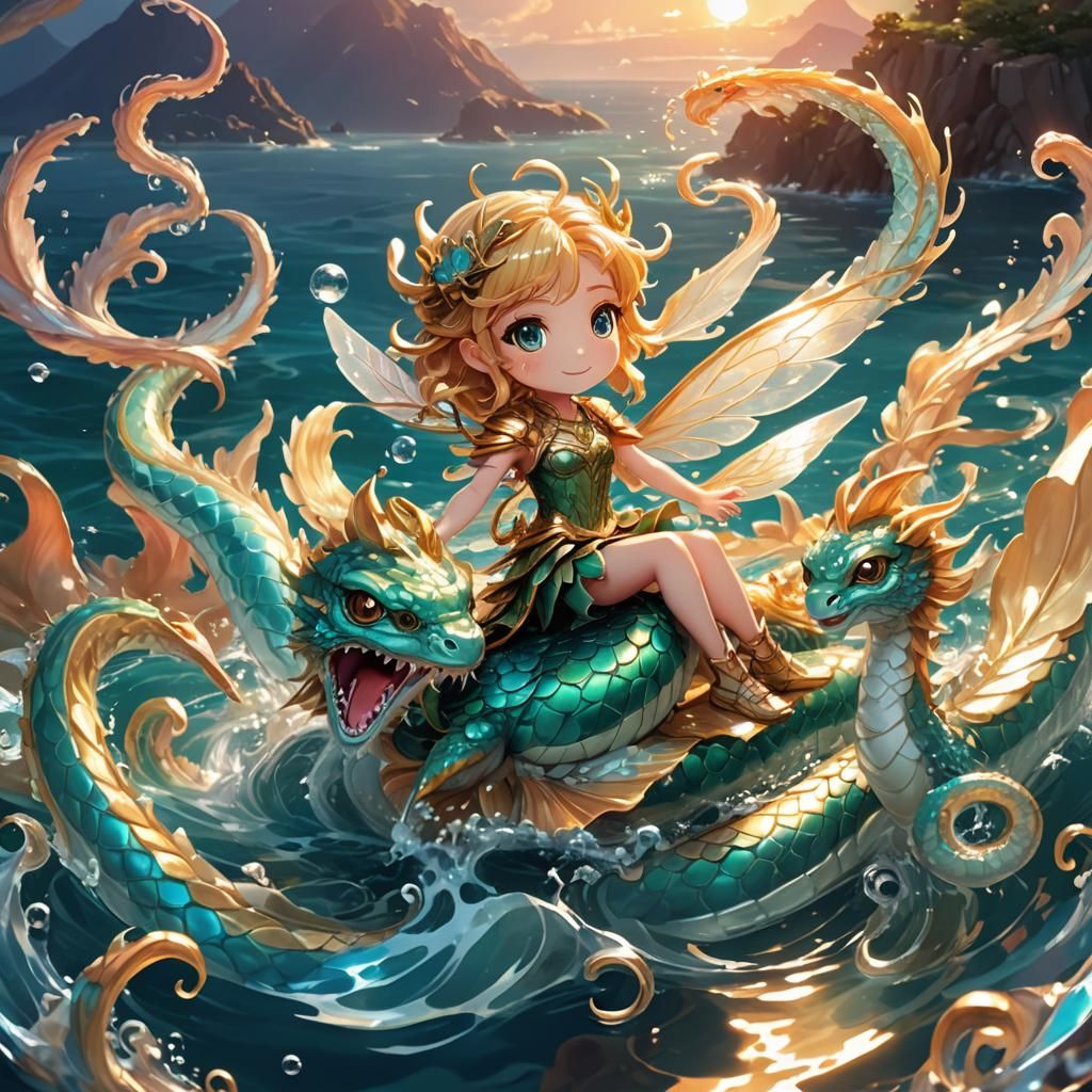 Chibi Anime Fairy Rides Ocean Hydra