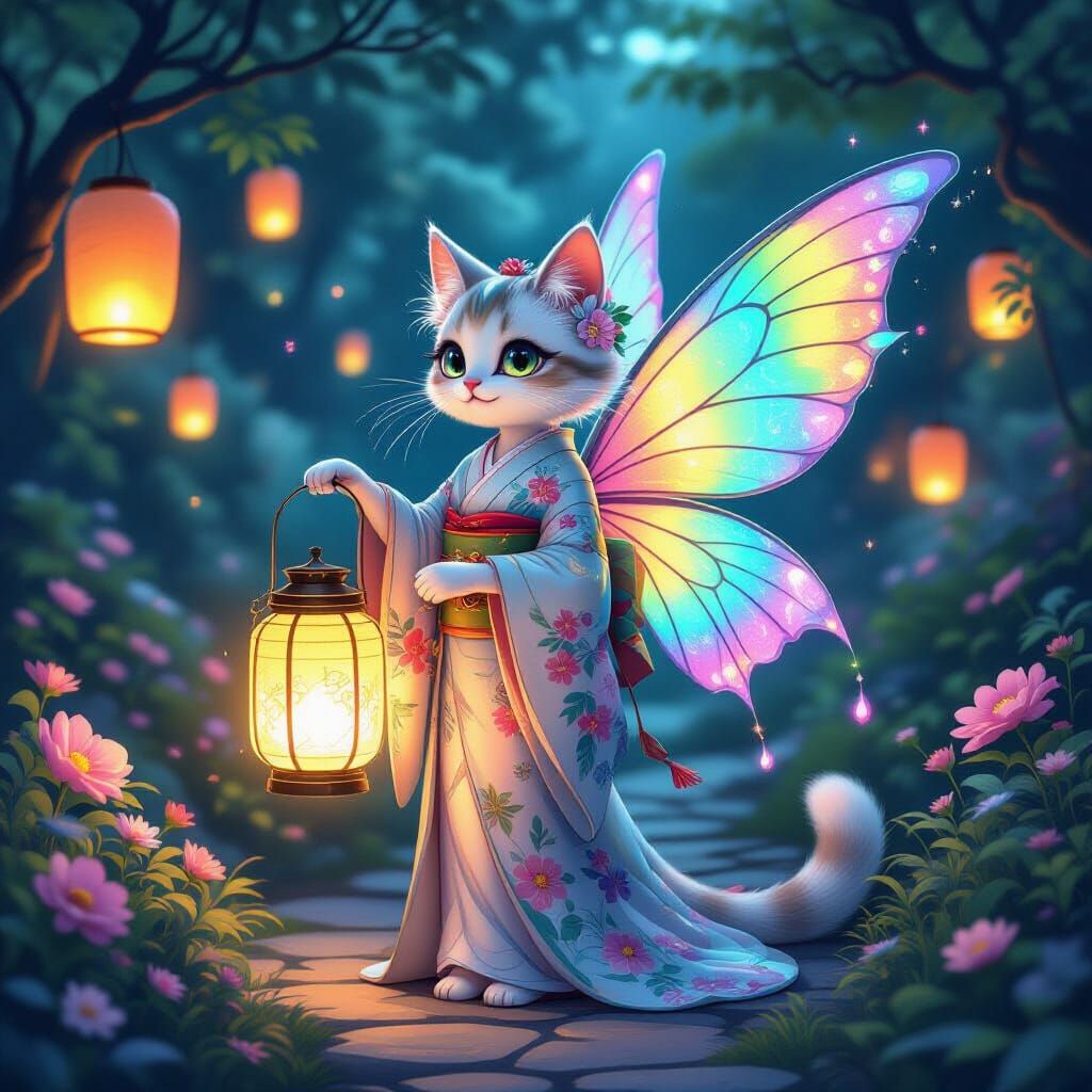 Cat Fairy in Mystical Garden with Lantern