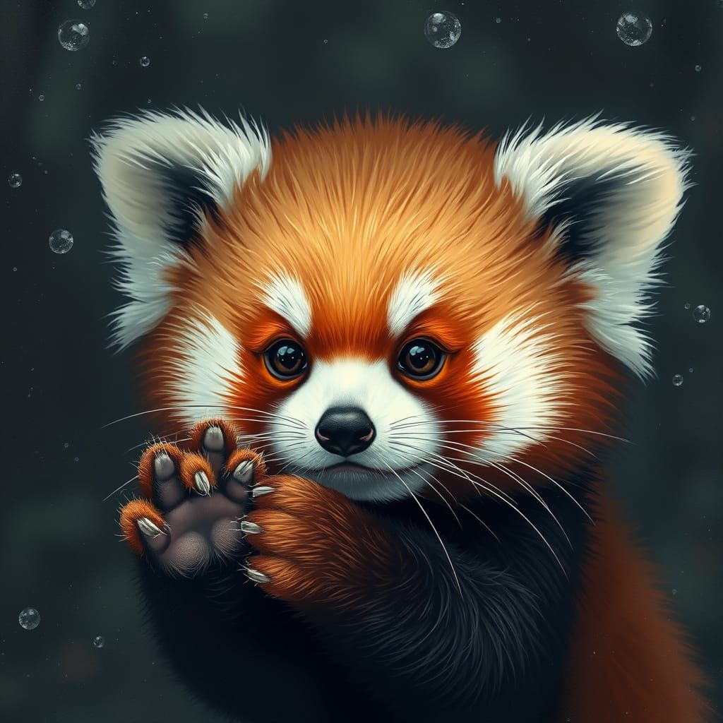 Whimsical Red Panda Infant Trapped Behind a Rainy Glass Wall