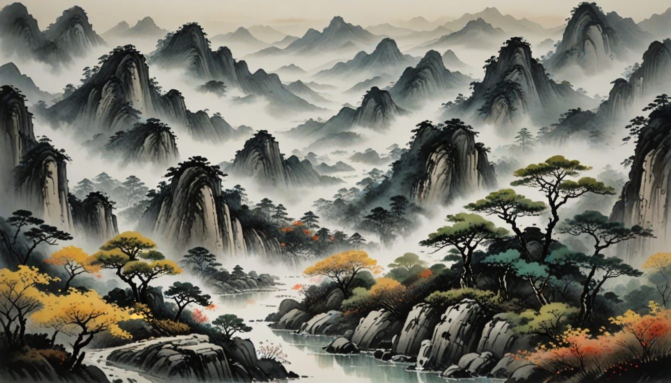 Serene Chinese Landscape in Traditional Brush Watercolor Sty...