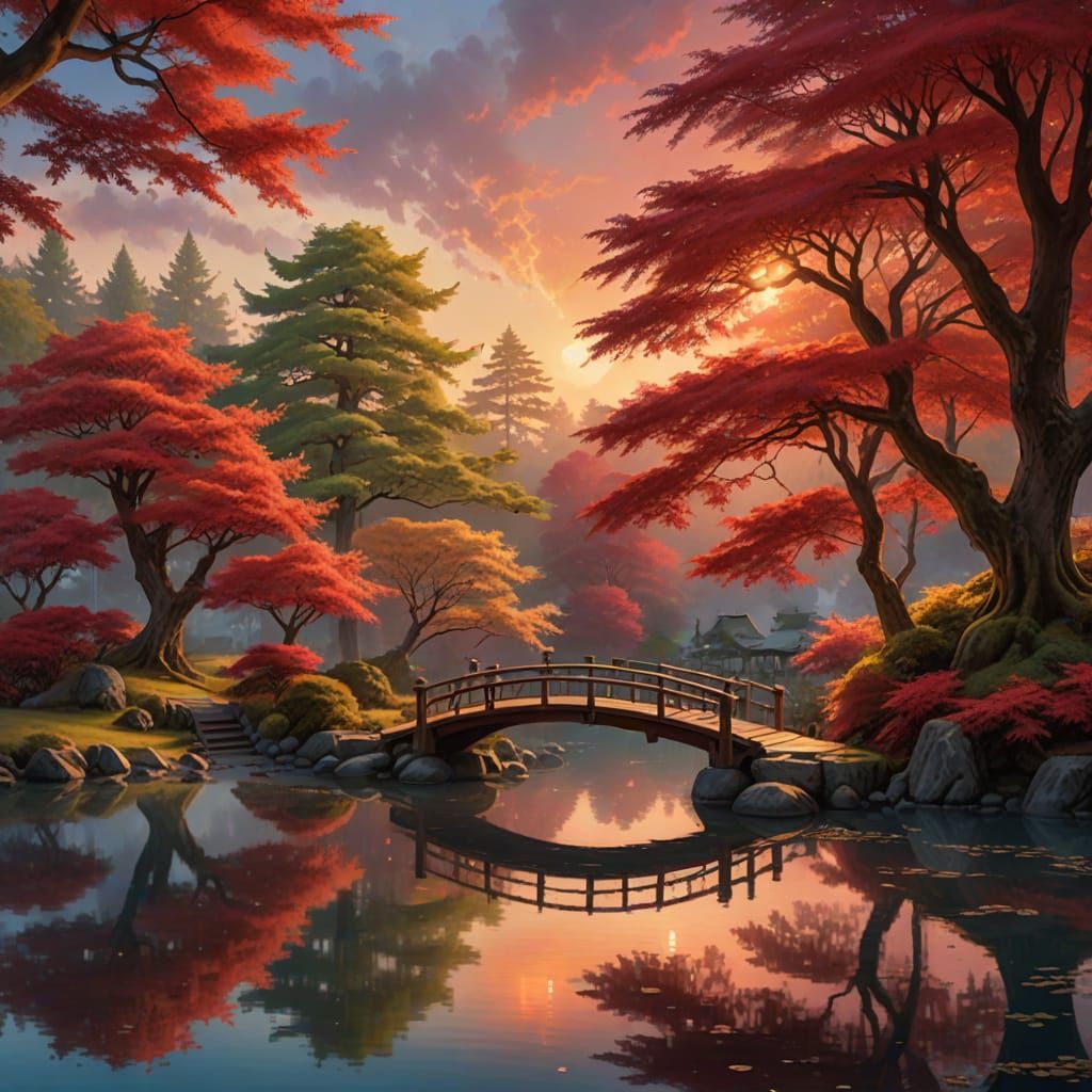Sunset Serenity: Japanese Maples in Kinkade Style