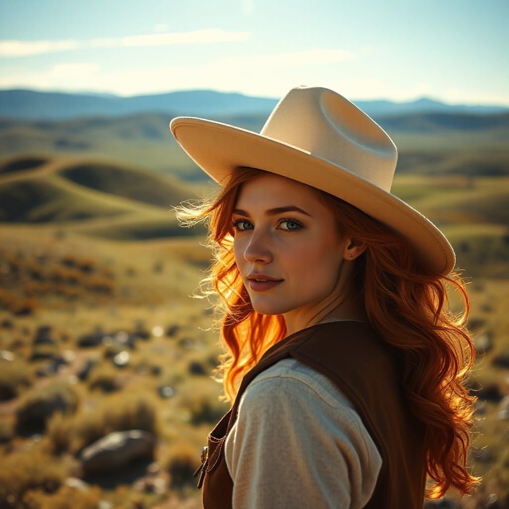 Redhead Cowgirl Silhouette in Open Landscape