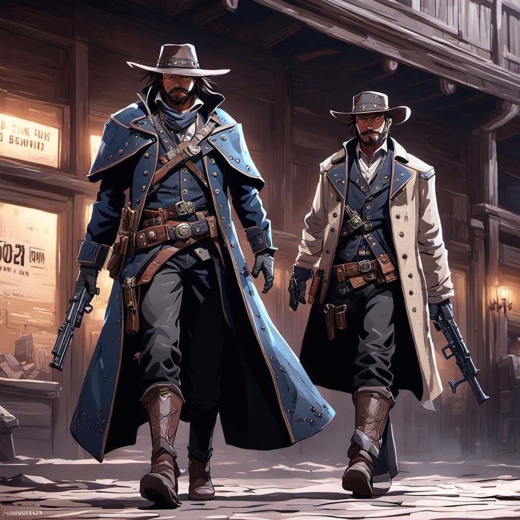 Outlaws Leaving Bank with Guns in Anime Style