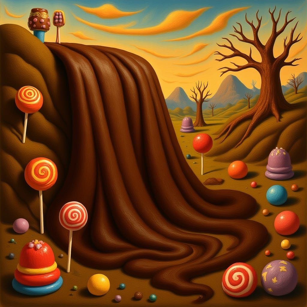 Chocolate Waterfall in Candy Mountain Landscape