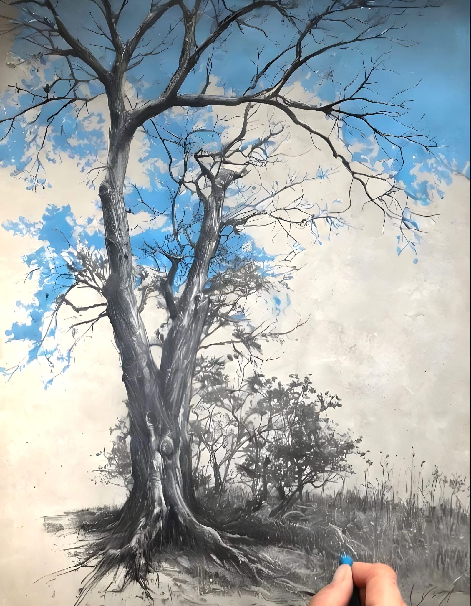 Tree Sketch in Chalk with Blue Accent