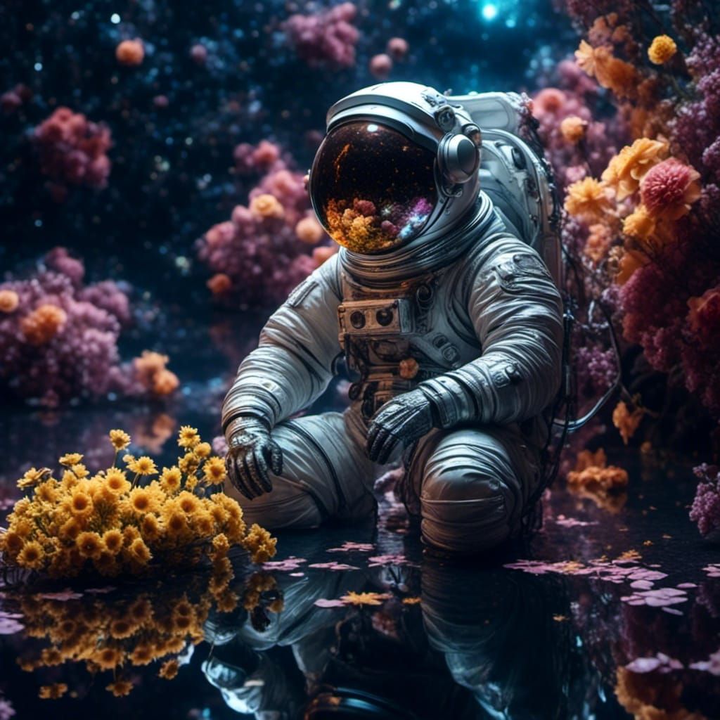 Sad Astronaut with Flowers Under Starry Sky