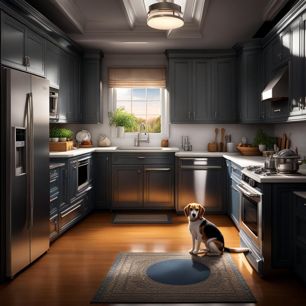 Beagle and Cat in Shiny Silver Kitchen