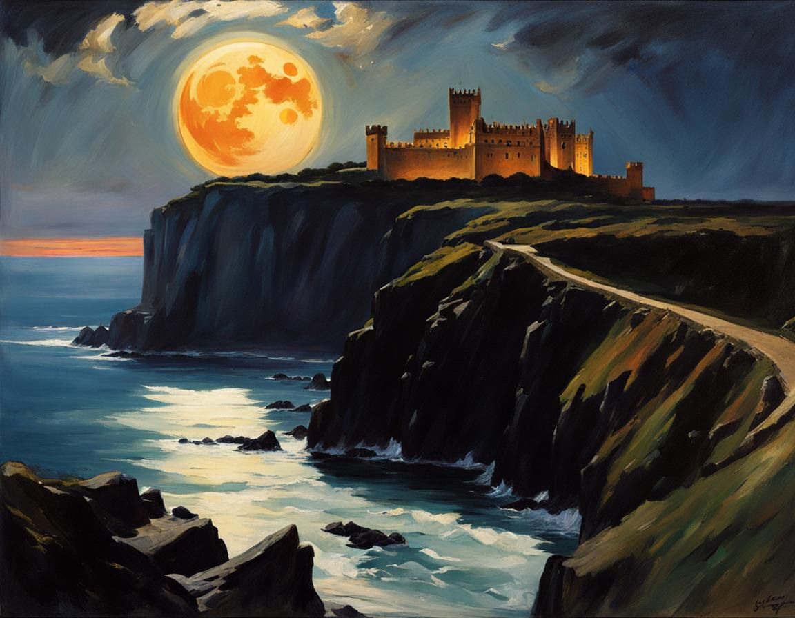 Gothic Castle Overlooking Ocean at Night in Sargent Style