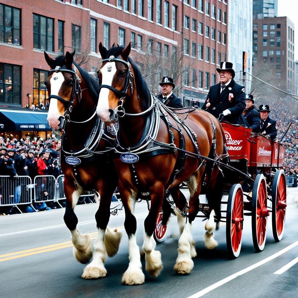 Majestic Clydesdales Gallop in Vibrant Super Bowl Parade