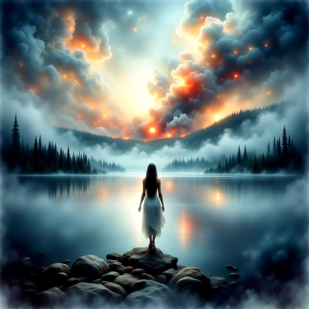 Magical Lake Scene in Gritty Antique Watercolor Style