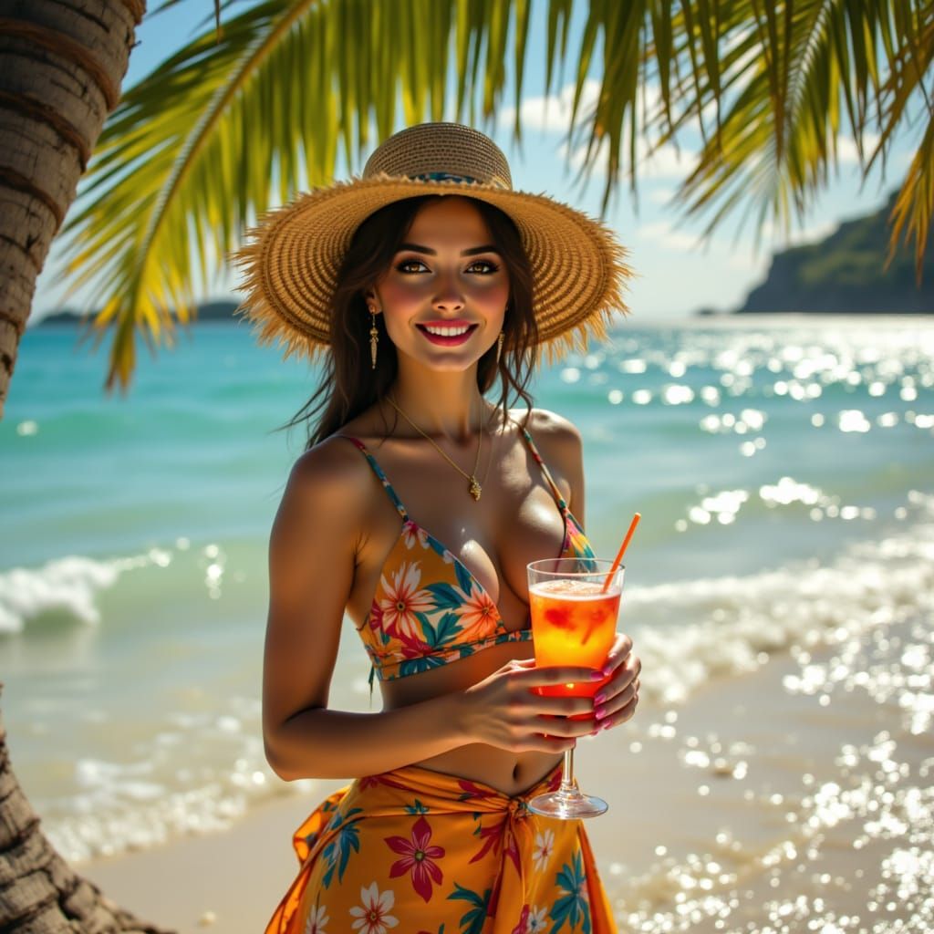Tahitian Woman with Cocktail on Beach in Impressionist Style