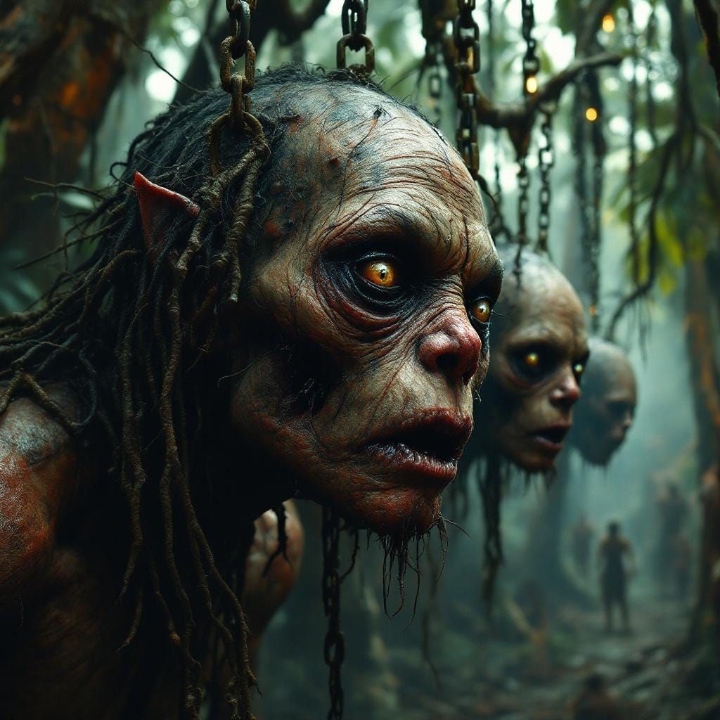 Shrunken Heads in Tribal Village, Dark Fantasy Style