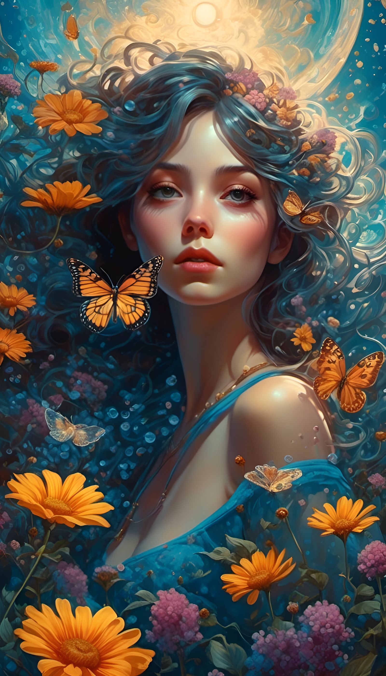 Surreal Girl Floats Over Fantasy Flower Landscape