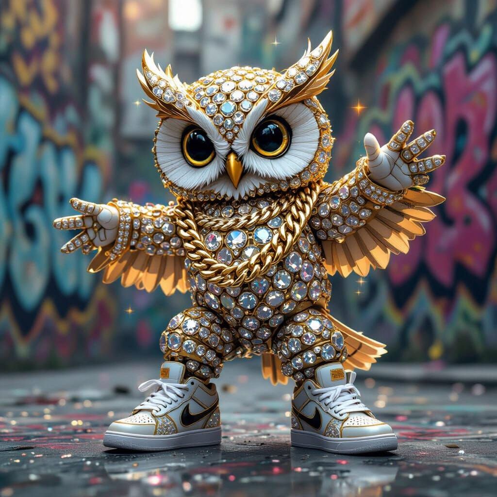 Diamond Owl Breakdancing in Futuristic Neon Style