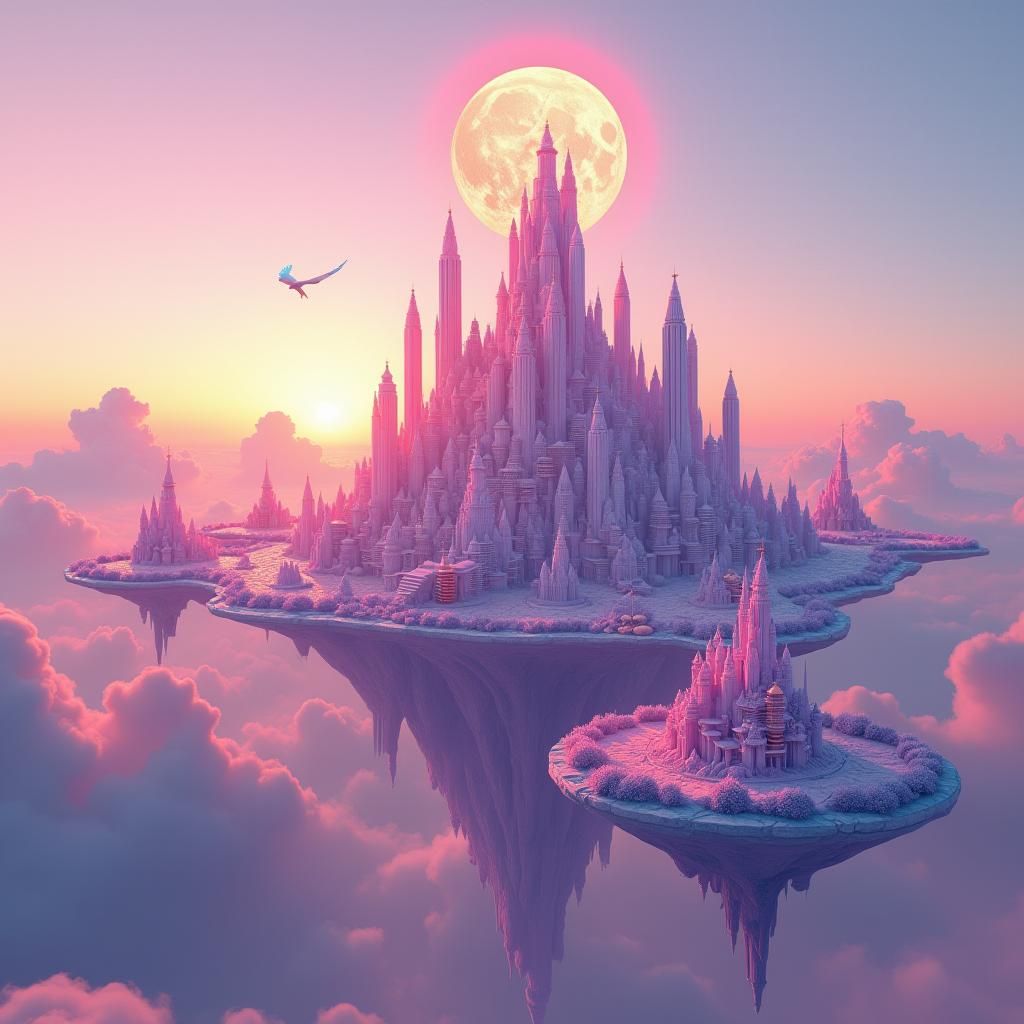 Ethereal Floating Island City at Sunset