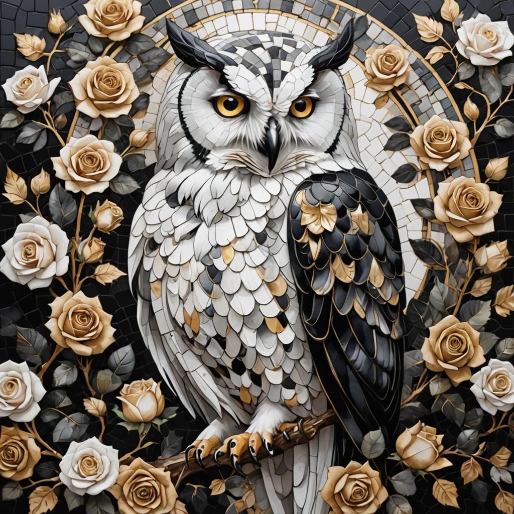 Mosaic Tiled White Owl with Gold Roses