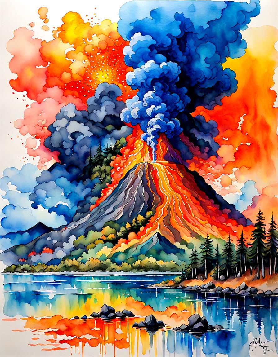 Erupting Volcano in Fantasy Forest: Watercolor Art
