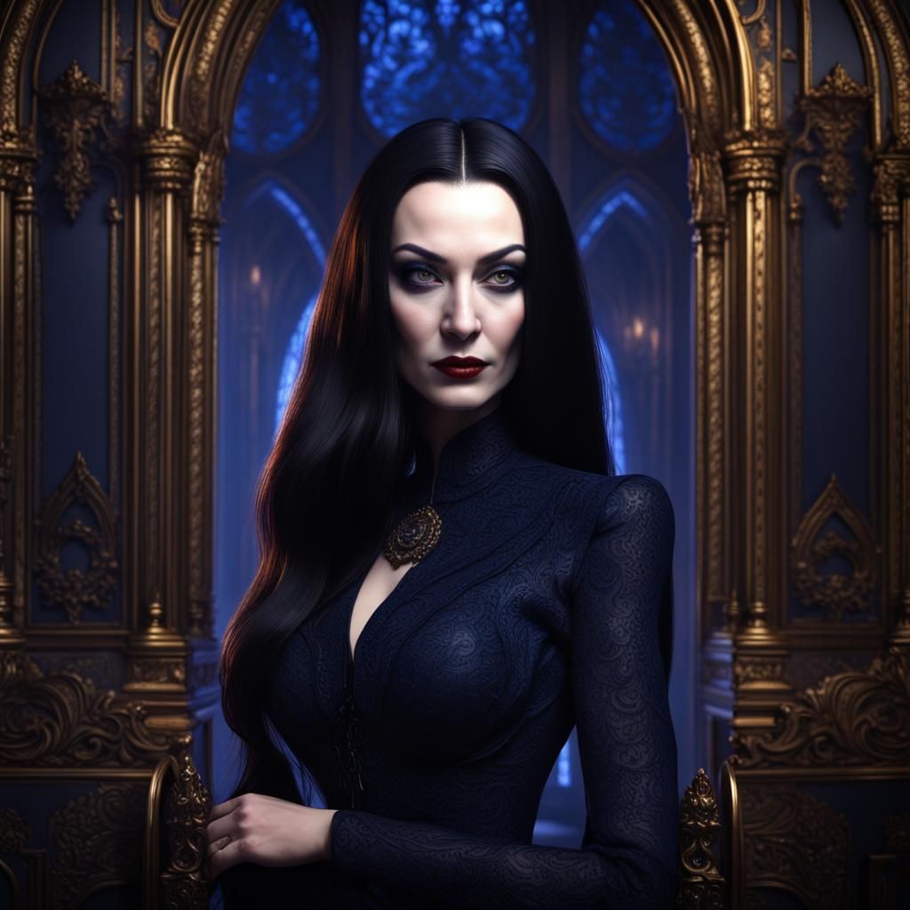 Photo portrait the most epic  morticia addams, as an absolutely stereotypical epic icon wearing deep dark Blue-black lig...