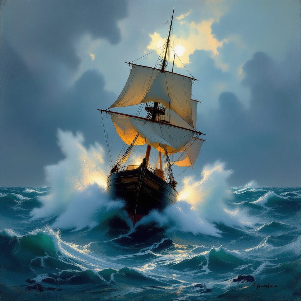 Ship in Stormy Sea: Aivazovsky, Bierstadt, Mann Style