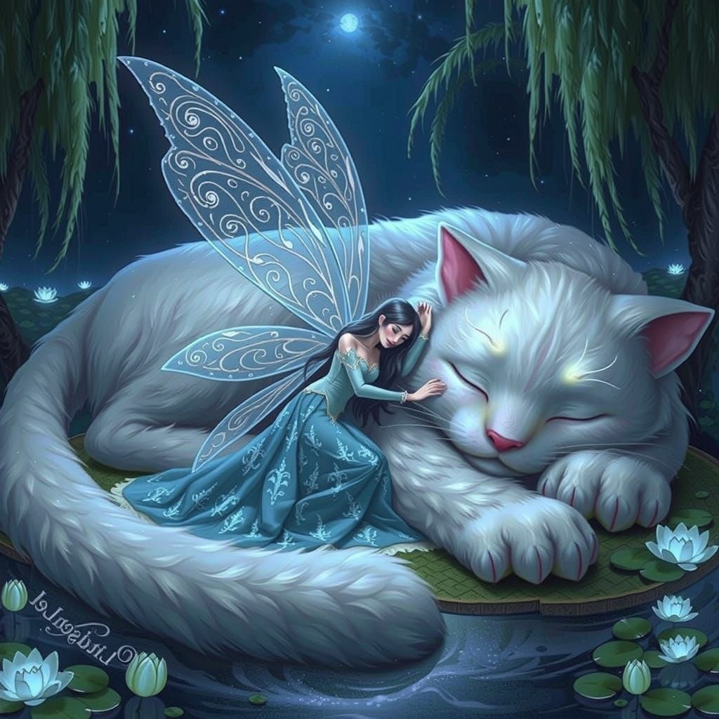 Gigantic Ivory Cat in Whimsical Fairy Slumber