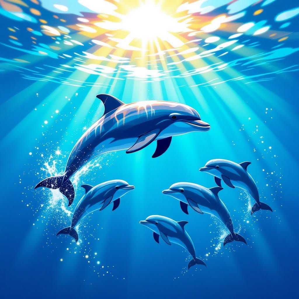 Dolphin Leaping in Sunlit Ocean with Baby Dolphins
