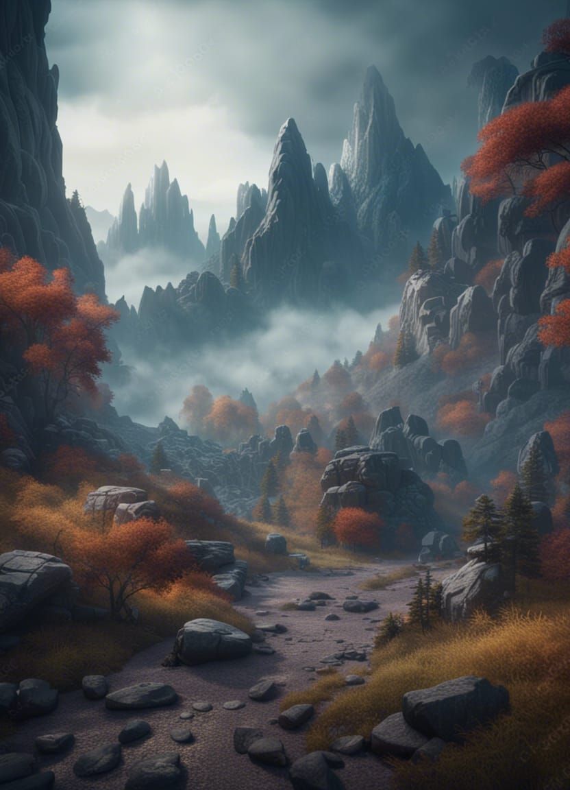 Misty Mountain Landscape in Detailed Matte Painting