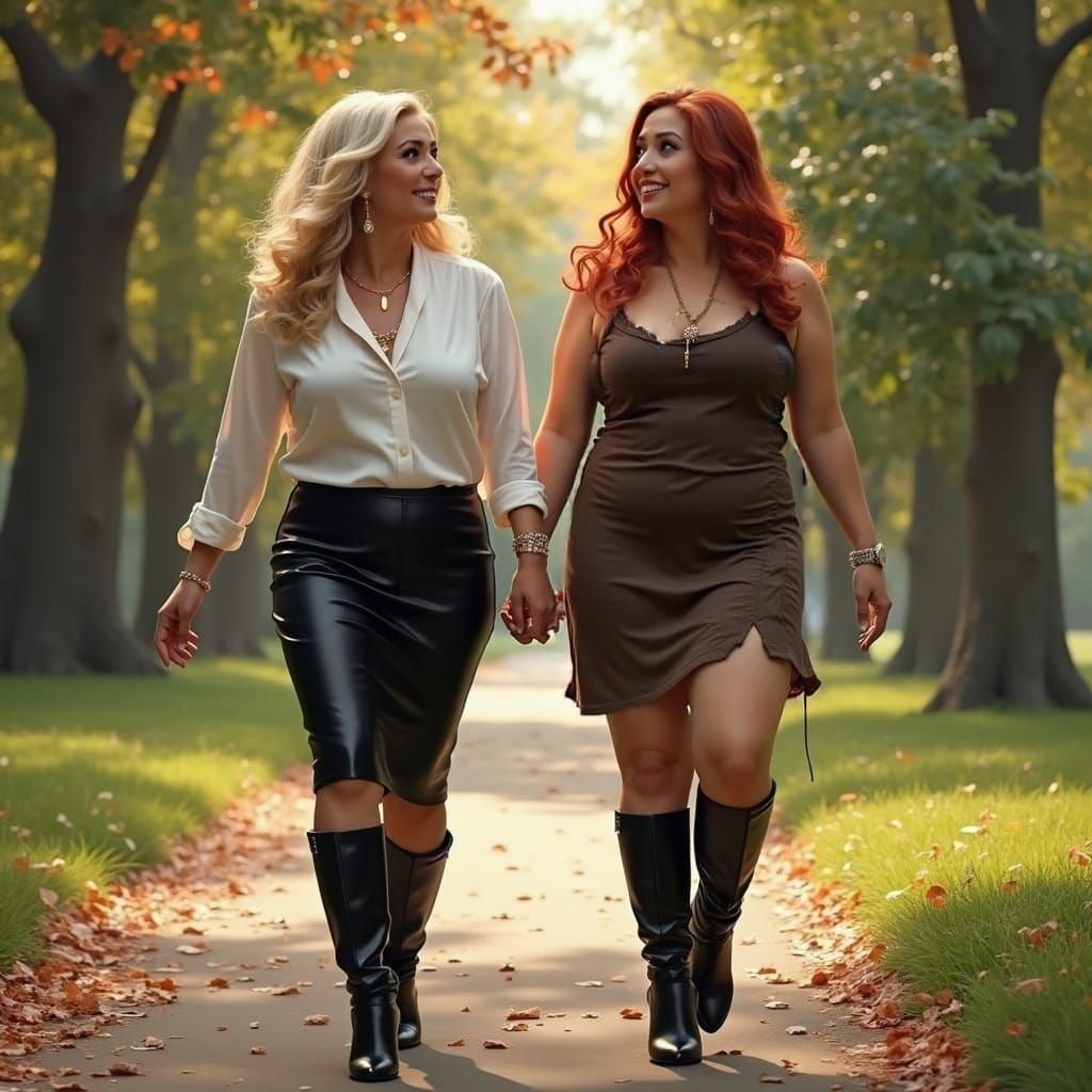 Elegant Women Stroll in Vibrant Park Scene