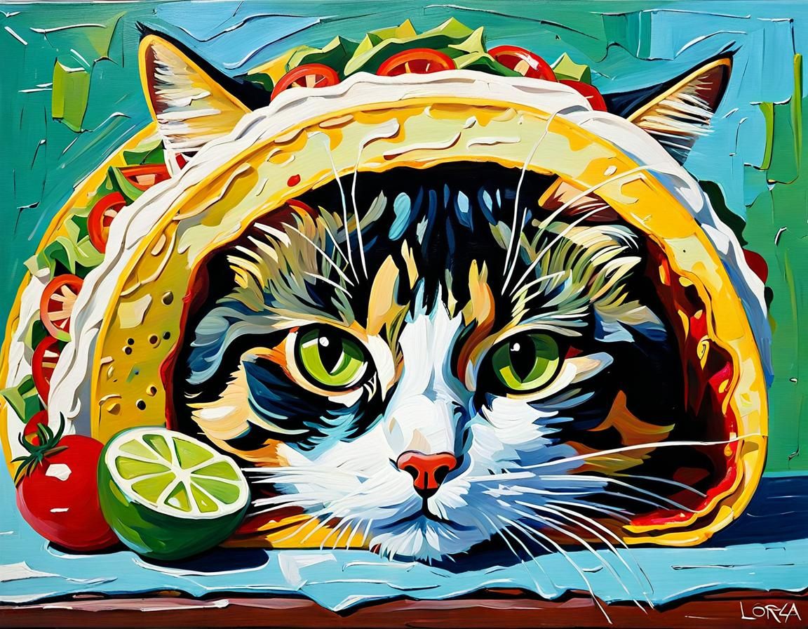 Half cat half taco, lora: impasto oil painting,  short and t...