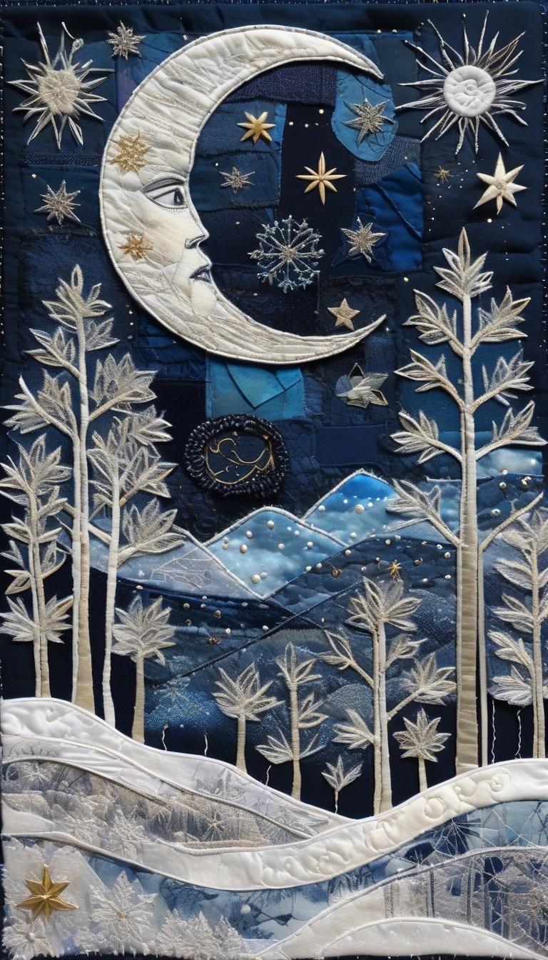 Mystical Winter Full Moon Fabric Collage