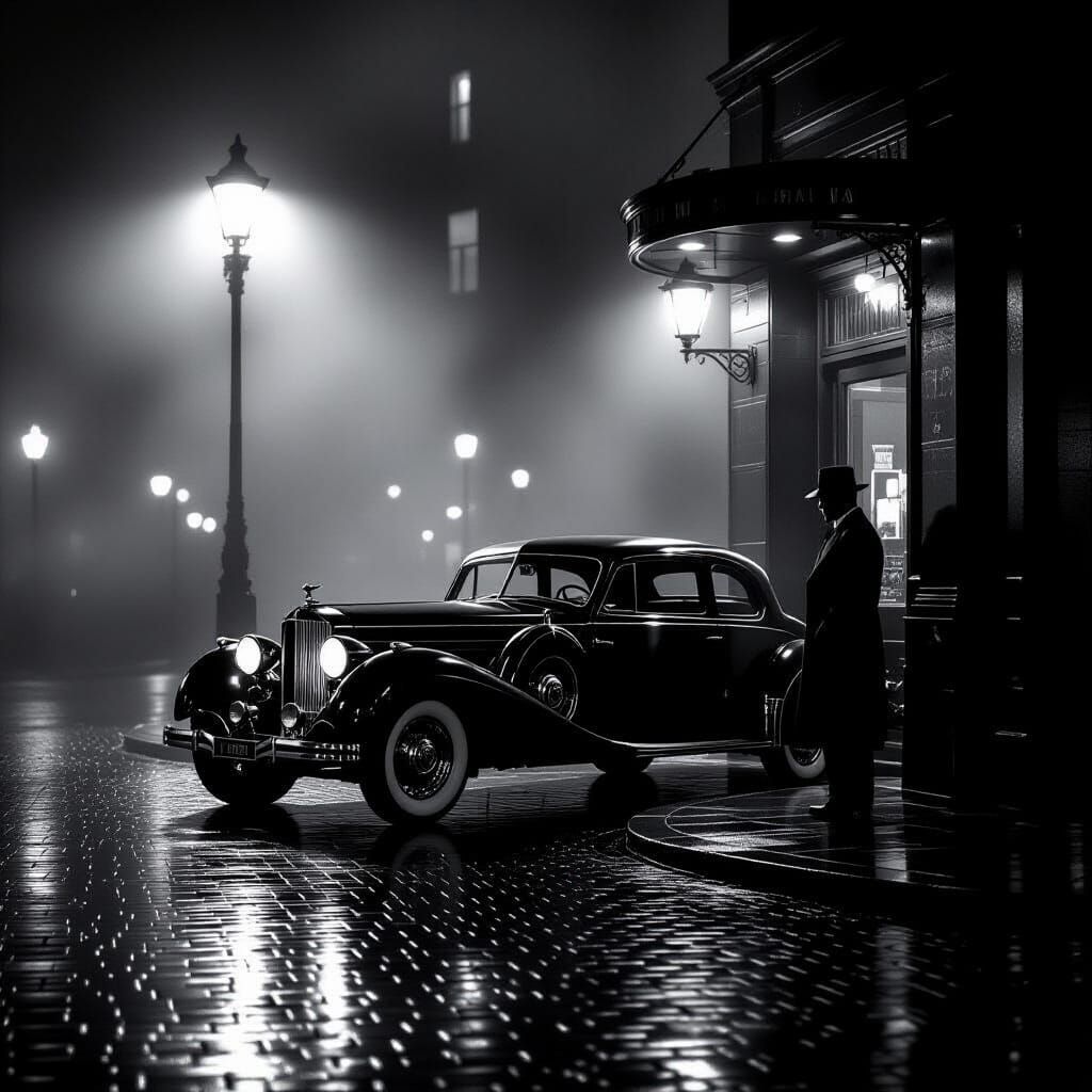 Art Deco Car on Rainy Cobblestone Street in Noir Style