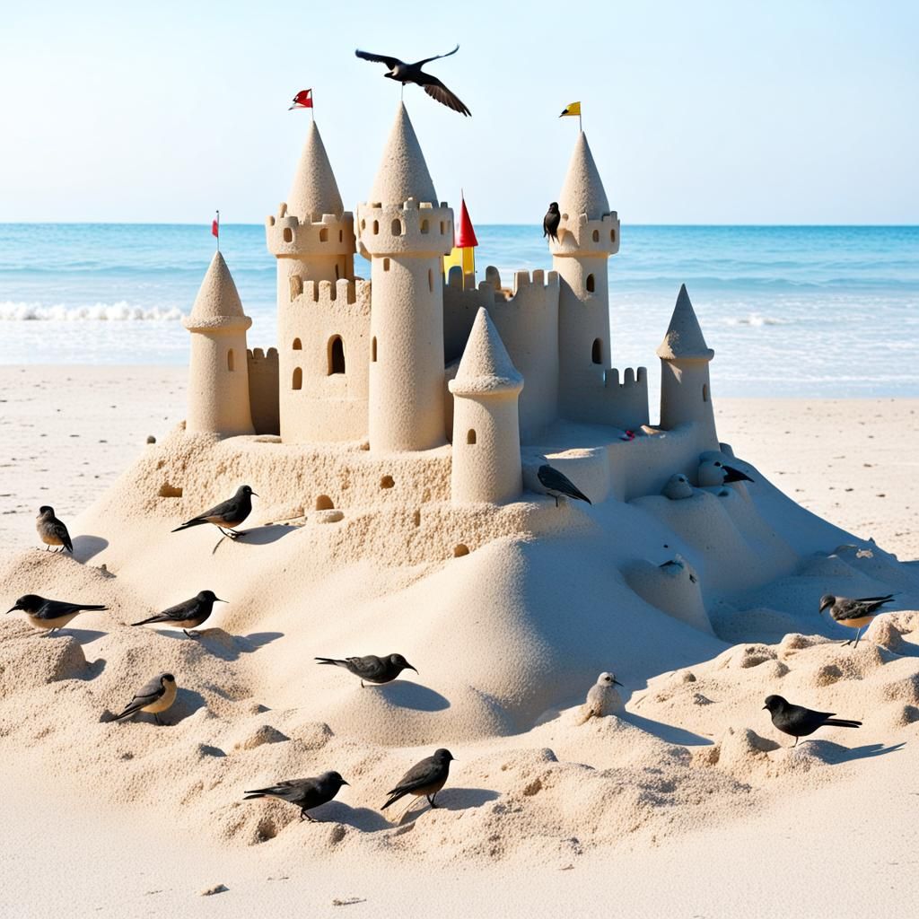 Sandcastle on Beach with Birds in Sunny Weather