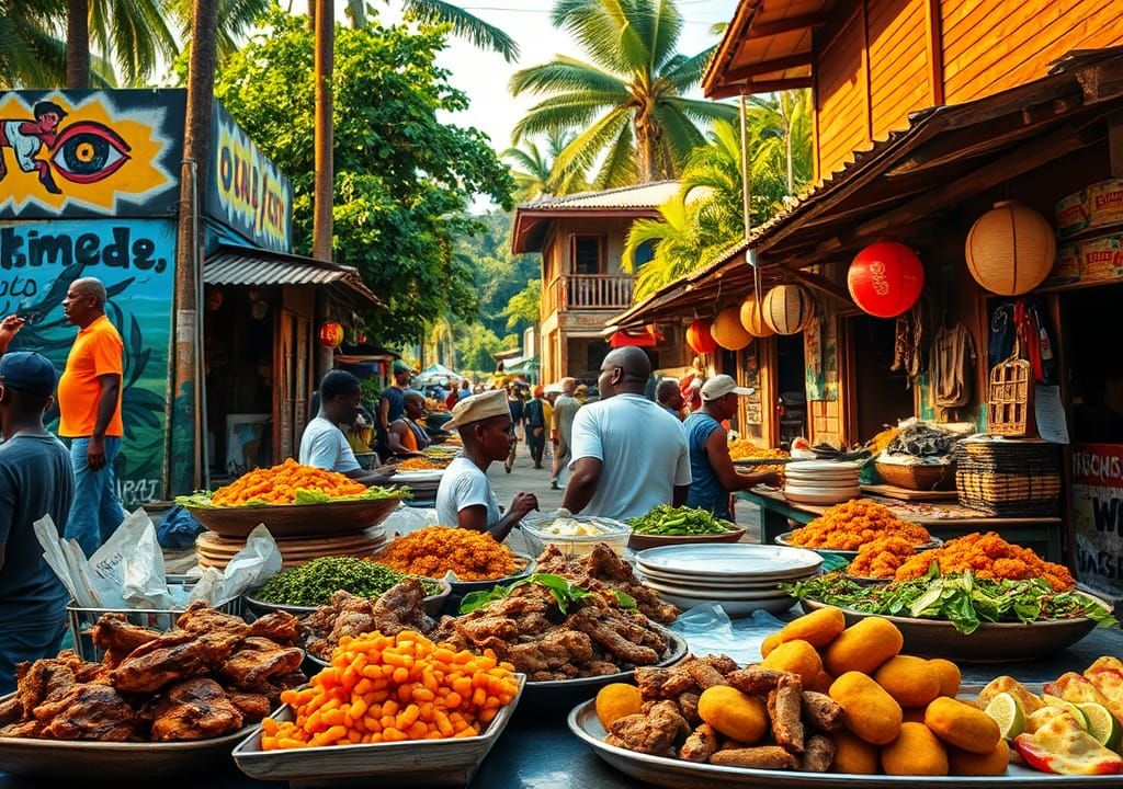 Jamaican Street Food Market Scene in Documentary Style