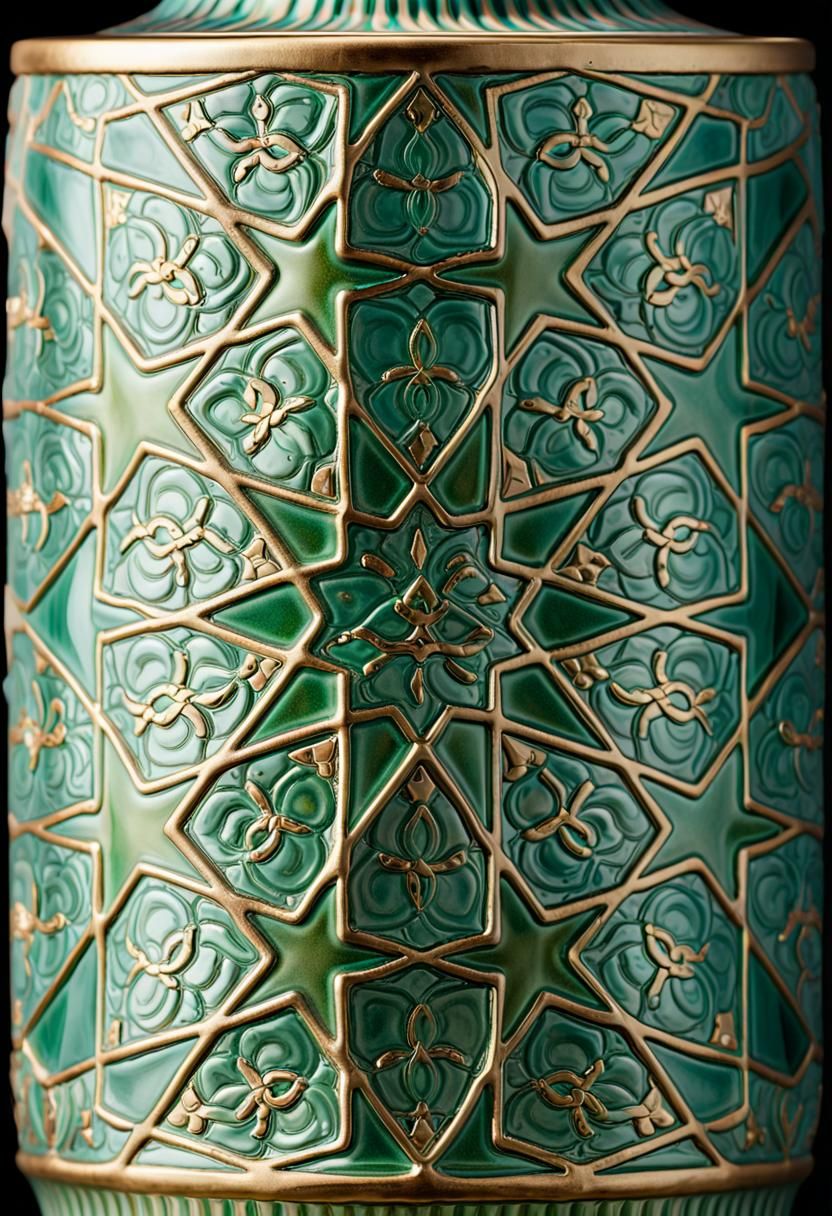 Intricate Arabian Ceramic Vase with Green Iridescent Glaze
