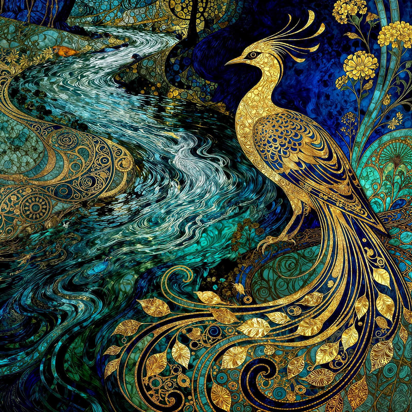 Exotic Bird by River in Gilded Style